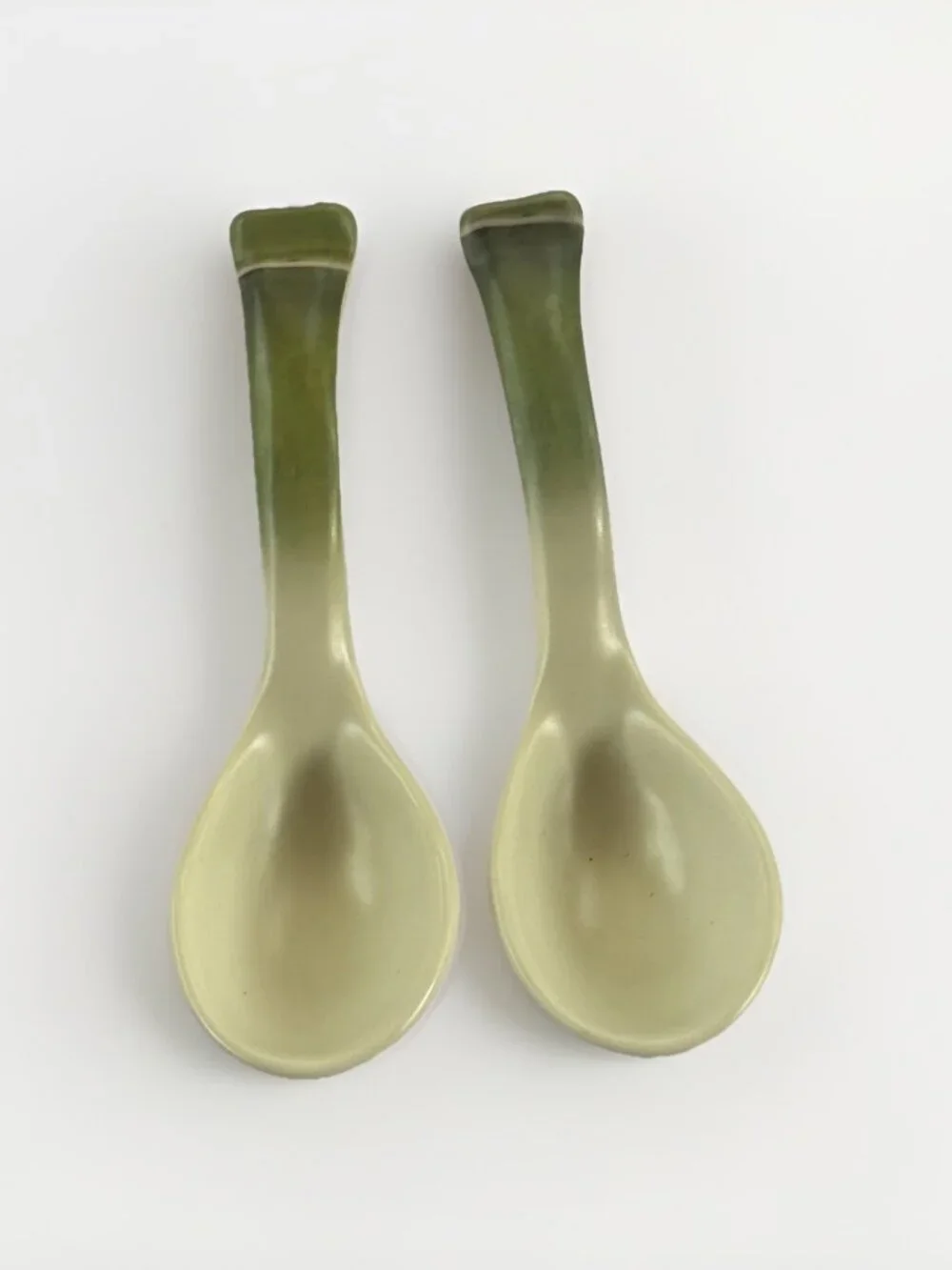 Vintage Melamine Resin Japanese Soup Spoons Ombré Green Asian Broth Pair Kitchen